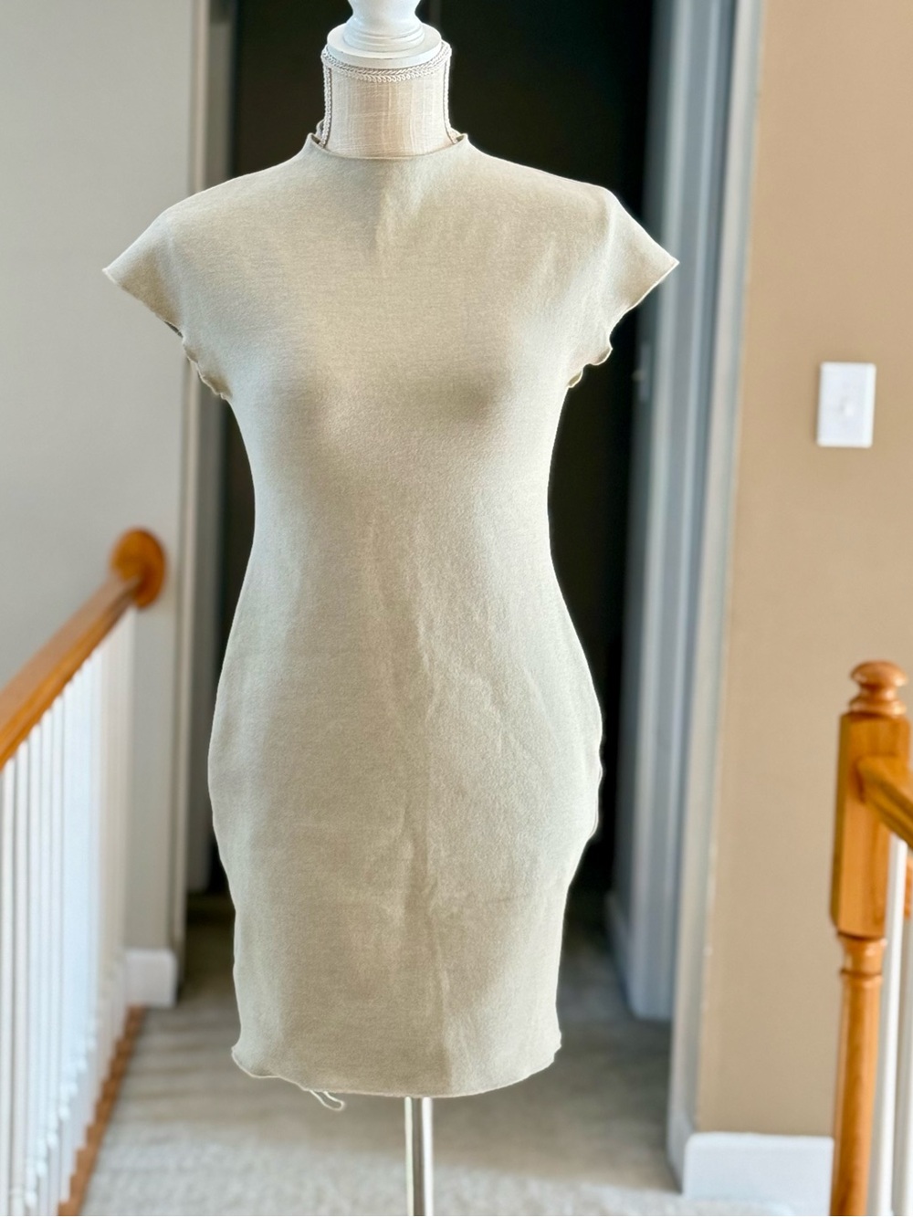 Zara Cream Mock Neck Knit Cap-Sleeve Mini Dress Bodycon